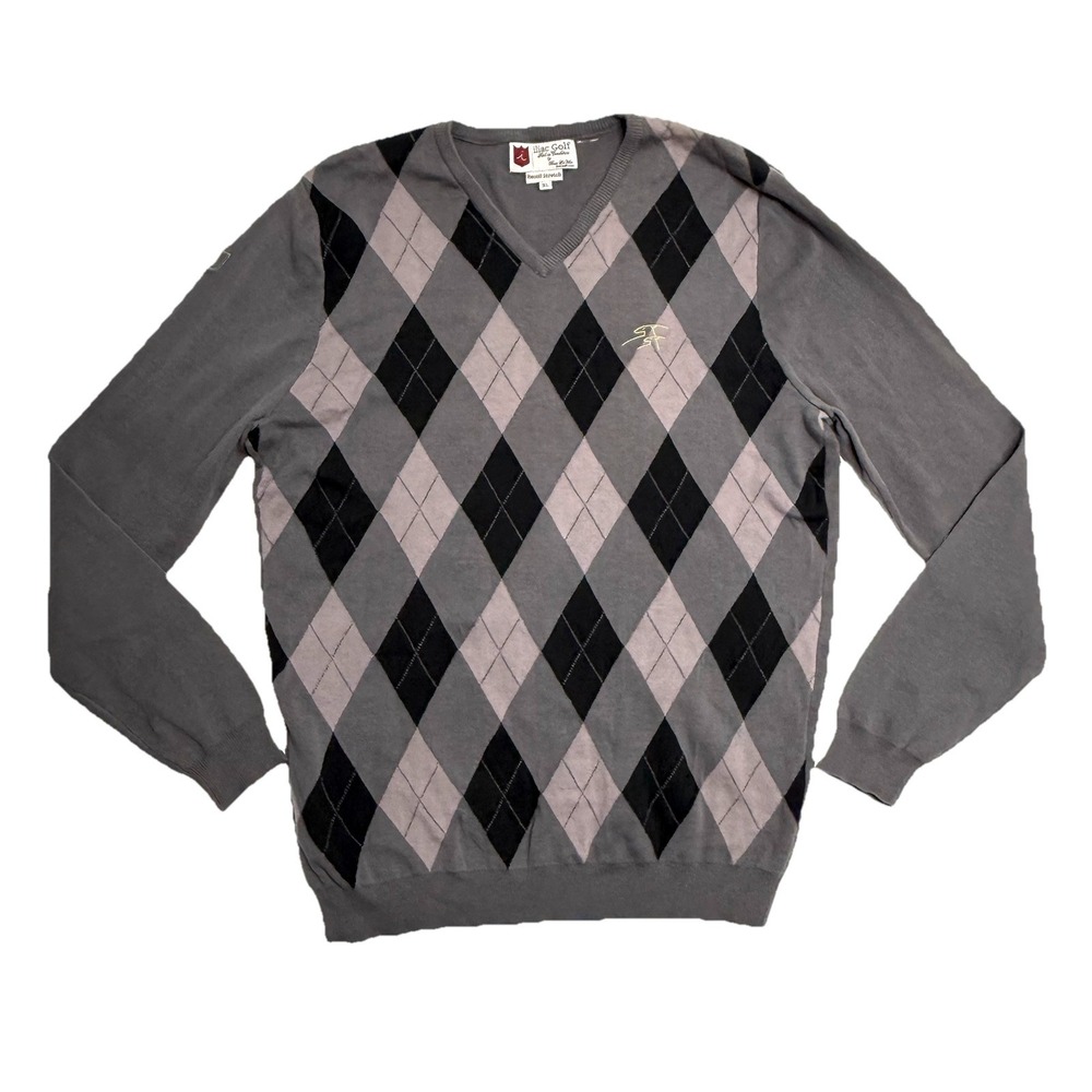 Iliac Golf Long Sleeve V-Neck Sweater‎ Argyle Mens XL Recoil Stretch Gray Logo